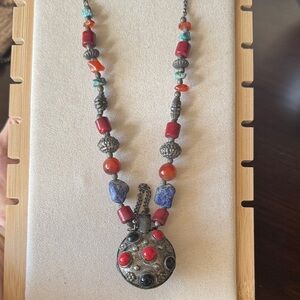 Vintage Tibetan snuff bottle Necklace with beaded chain. 26 inch length.